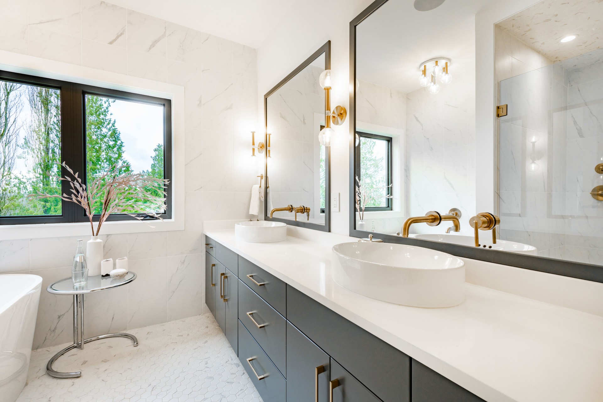Modern contemporary home interiors living room dining room kitchen  bathroom bedroom office study entry foyer staircase front door hallway. Kitchen interior is spacious and open concept view to living room